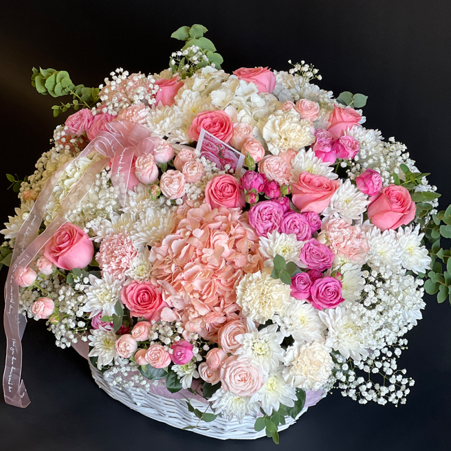 Сборная корзина  с гортензиями и эустомой