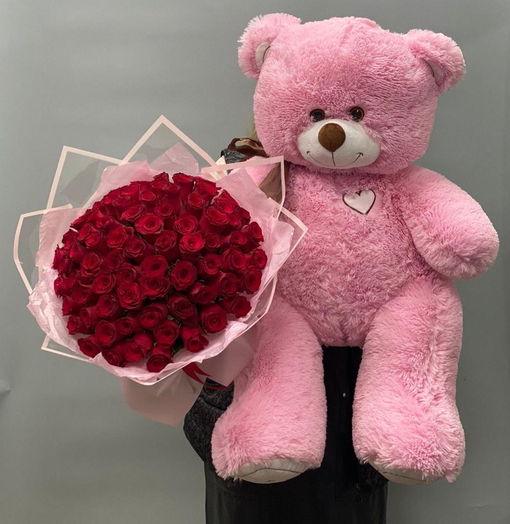 Мишка + букет роз