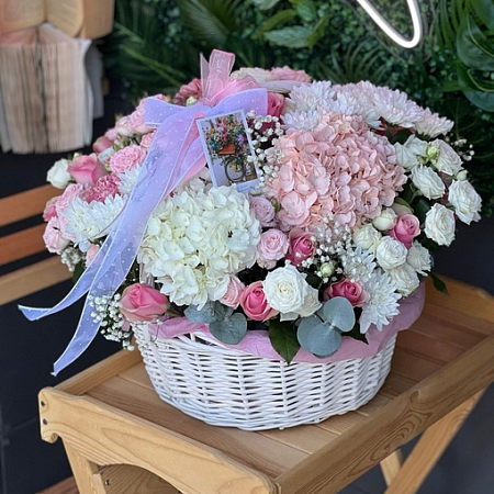 Сборная корзина  с гортензиями и эустомой